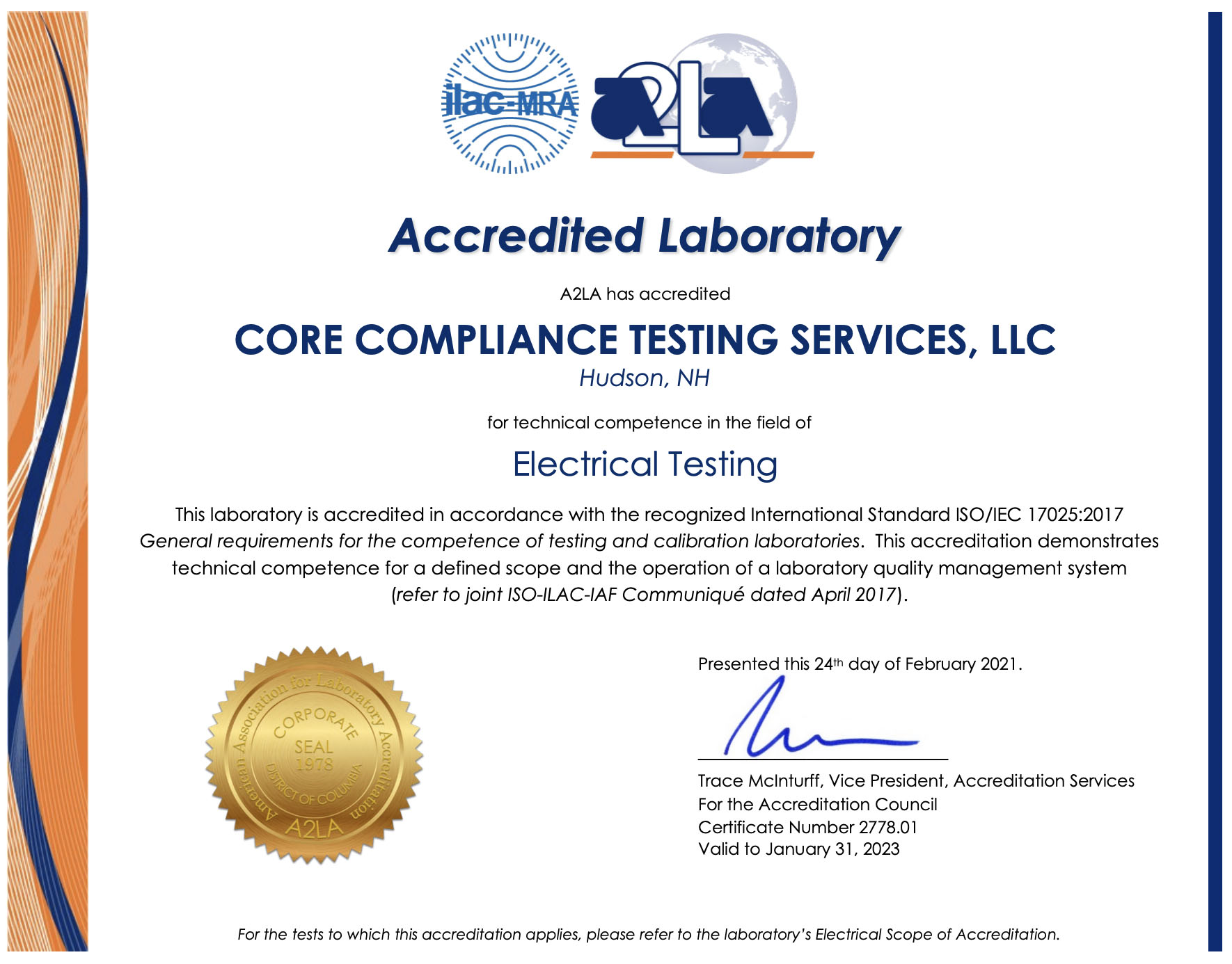 A2LA Scope of Accreditation to ISO/IEC 17025:2005 Core Compliance Testing Services of Hudson NH